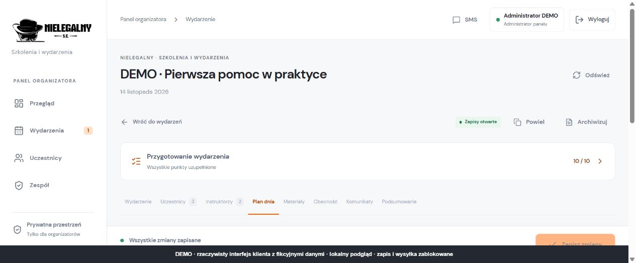 Rzeczywisty interfejs klienta Nielegalny z fikcyjnym wydarzeniem DEMO: tytuł, przygotowanie wydarzenia i zakładki; administrator DEMO