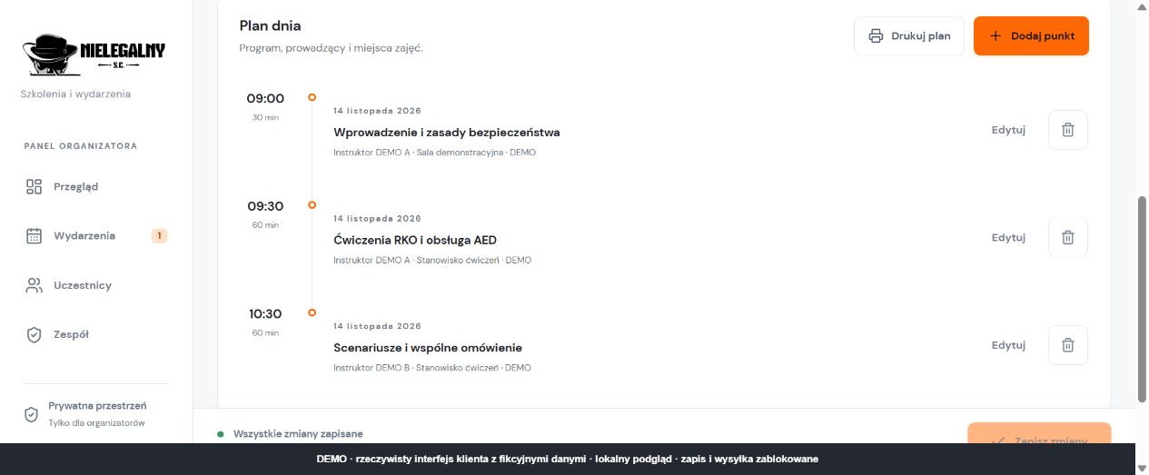 Rzeczywisty interfejs klienta Nielegalny: trzy fikcyjne punkty programu o 09:00, 09:30 i 10:30 z instruktorami DEMO A i DEMO B
